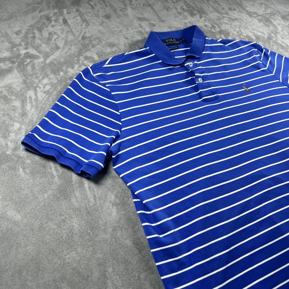 Polo Ralph Lauren Pima Soft Touch Polo Shirt Mens Large Blue White‎ Stripe